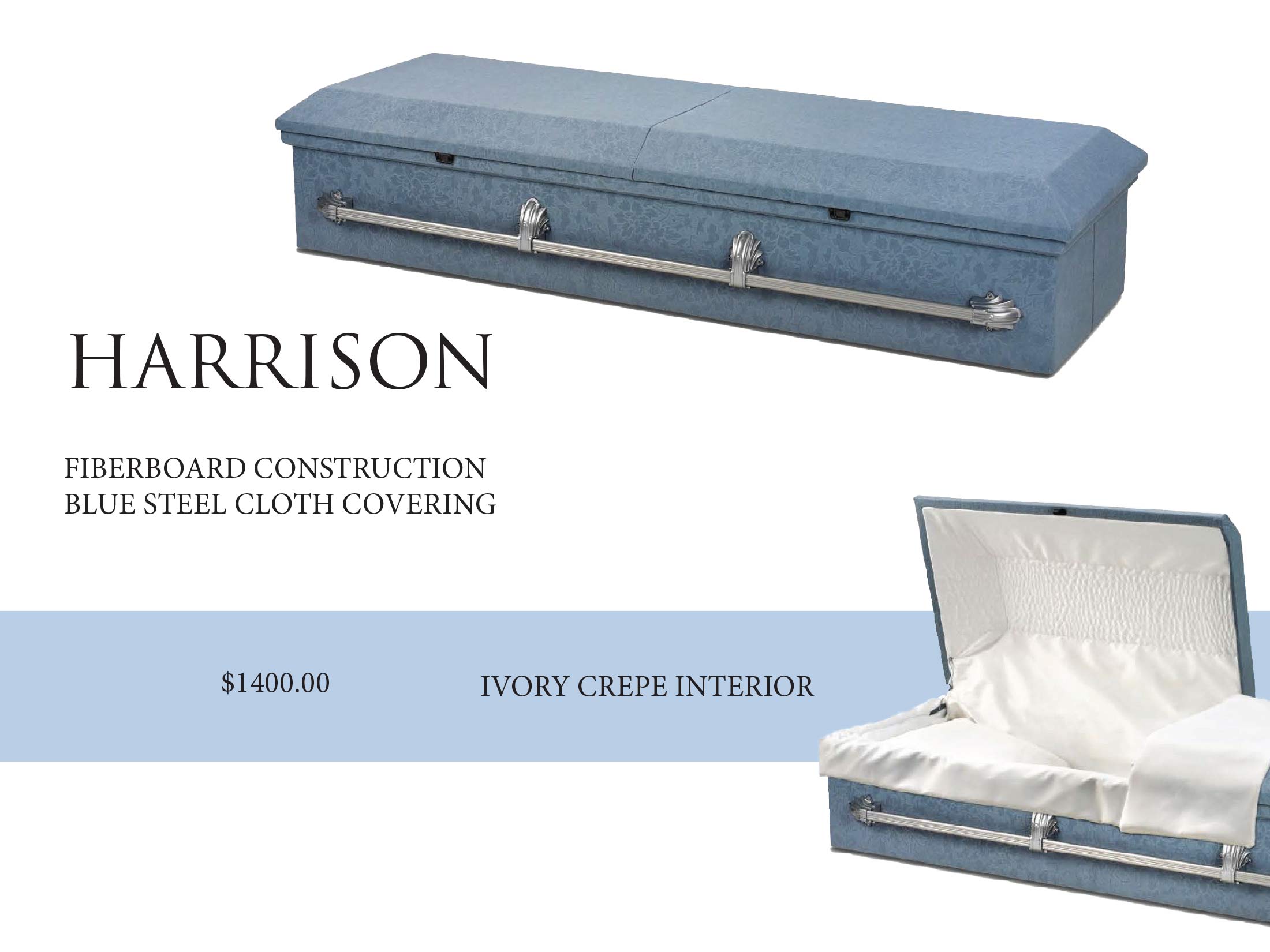 Harrison - Fiberboard Construction Blue Steel Cloth Covering - $1400.00 - Ivory Crepe Interior