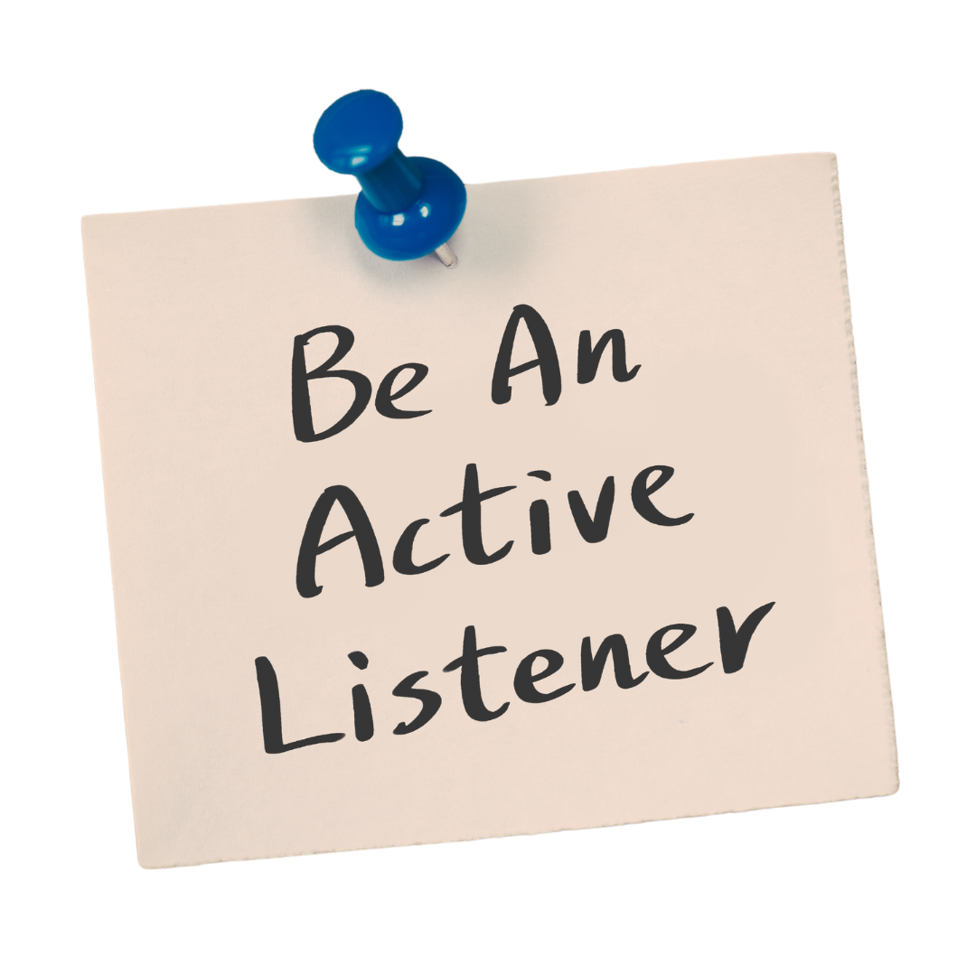 Post-it note reminding you to actively listen to a mourner